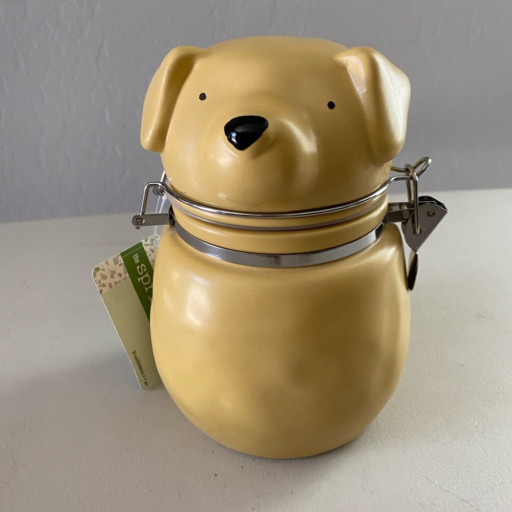 Yellowish/tan Hinged Ceramic Dog Treat Cannister